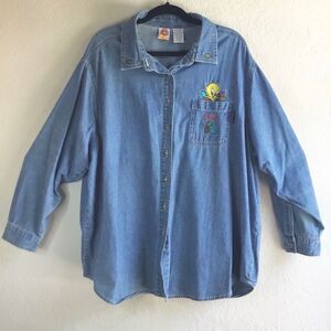 Vintage Looney Tunes Tweety Bird Embroidered Denim Button Down Shirt 26W/28W